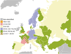 Railway electrification systems used in Europe:
.mw-parser-output .legend{page-break-inside:avoid;break-inside:avoid-column}.mw-parser-output .legend-color{display:inline-block;min-width:1.25em;height:1.25em;line-height:1.25;margin:1px 0;text-align:center;border:1px solid black;background-color:transparent;color:black}.mw-parser-output .legend-text{}
Non-electrified
750 V DC
1.5 kV DC
3 kV DC
15 kV AC
25 kV AC Europe rail electrification en.svg