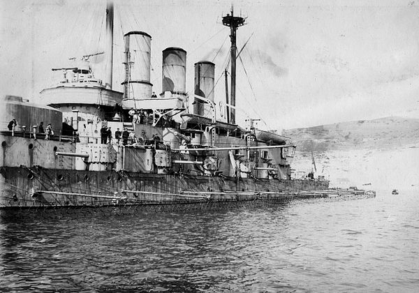 Russian battleship Evstafi with torpedo nets deployed