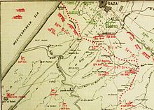 Sketch map showing western sector of the front line. Red dots indicate EEF positions consolidated in April Falls SkMap16SecondGazaW.jpeg