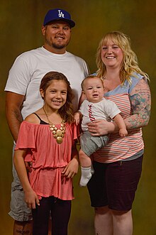 A photograph of two parents and two children, a girl and boy, looking at the camera