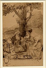 Patru mulți așezați sub un copac, Rembrandt, c.  1656-61.jpg