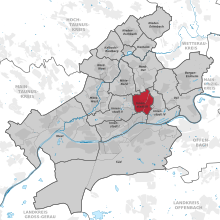 Карта расположения района (красным) в остальной части города (серым)