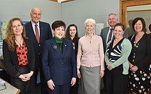 Governor-General Dame Patsy Reddy with Sir David, the News reporting staff, Mayor Jamie Cleine, and Deputy Mayor Sharon Roche on 27 August 2020. GG visits Westport News 02.jpg