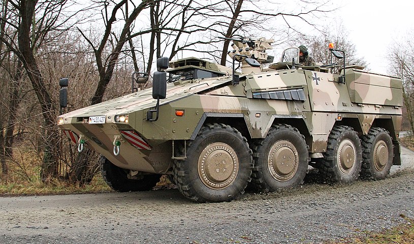 Boxer APC; note the single tyres and near-equal spacing of the front and rear wheel pairs