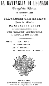 Giuseppe Verdi - La battaglia di Legnano - titlepage of the libretto, Rome 1849.png