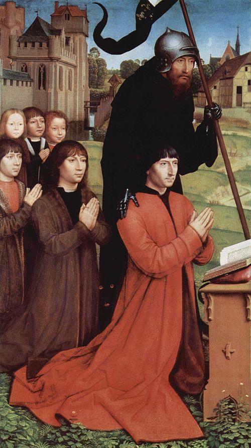 Male side panel of Hans Memling's Triptych of Wilhelm Moreel; the father is supported by his patron saint, with his five sons behind him. The central panel is here.