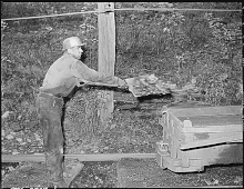 Eli Sanders, tipple worker, loads coal on car which has fallen off cars en route to tipple. Harlan Miner.gif