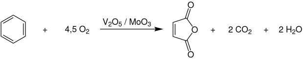 Selective partial oxidation of benzene with atmospheric oxygen to maleic anhydride, carbon dioxide and water in the presence of a vanadium pentoxide / molybdenum trioxide catalyst