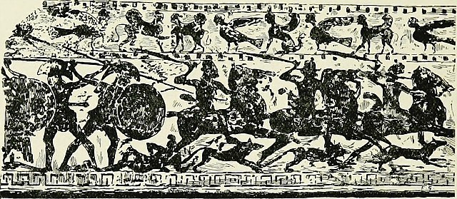 Battle between Cimmerian cavalry, their war dogs, and Greek hoplites, depicted on a Pontic plate