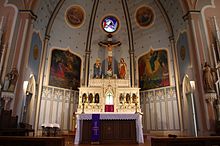 Church sanctuary decorated for Laetare Sunday Holy Cross Catholic Church (Columbus, Ohio) - interior, sanctuary decorated for Laetare Sunday.jpg