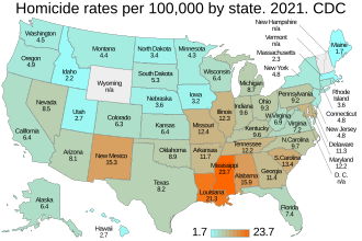 Homicide rate by state. CDC. 2021 data. Homicide rates per 100,000 by state. CDC. US map.svg