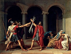 Oath of the Horatii; by Jacques-Louis David; 1784; oil on canvas; 3.3 x 4.27 m; Louvre[170]