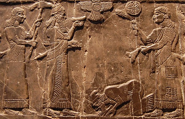 Jehu kneeling at the feet of Shalmaneser III on the Black Obelisk.