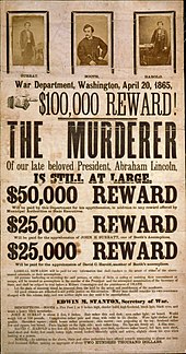 plakát nabízející odměnu za nalezení vraha Lincolna
