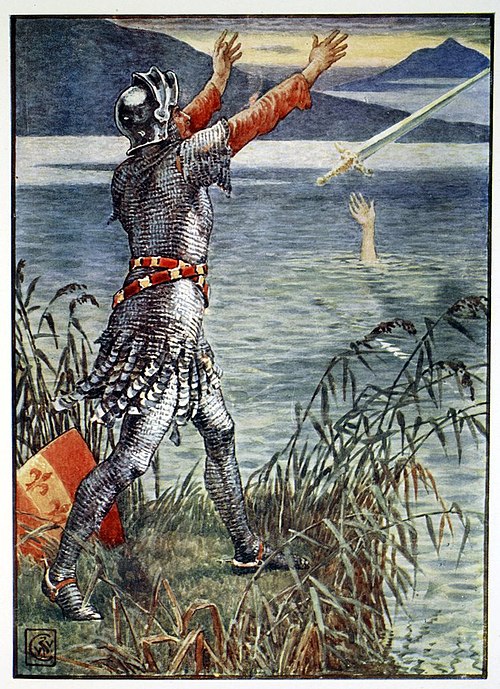 Sir Bedivere throwing Excalibur into the lake. Illustration by Walter Crane (1845)