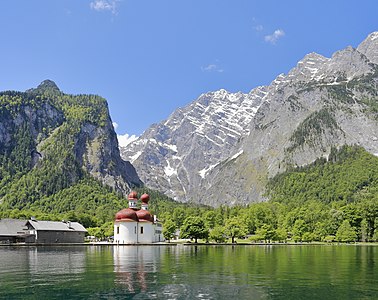 St. Bartholomew's Church (St. Bartholomä), Königssee, and the East Face of Mount Watzmann, Bavaria - part of Berchtesgaden National Park