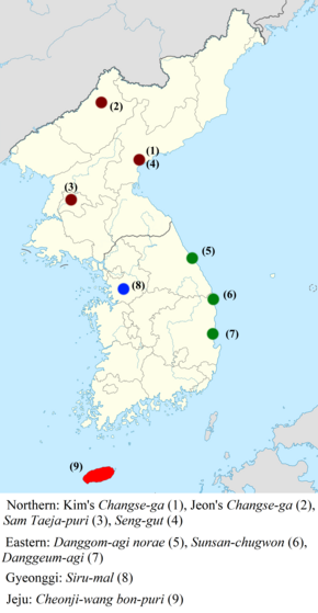 Locations of all known Korean creation narratives Korean creation narratives map.png