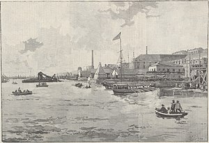 Landing of Dom Pedro on Lisbon: The imperial boat approaching the Navy's Arsenal (Le Monde Illustre, 1889). La Revolution au Bresil. -- Debarquement de Dom Pedro, a Lisbonne. -- Le canot imperial abordant a l'Arsenal de la Marine.jpg