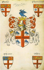 Armorial achievement of the College and its Kings of Arms, from Lant's Roll painted by Thomas Lant around 1595. It depicts the arms of Garter, Clarenceux, Norroy and Ulster. The additional charge in the first quarter of the first two shields, does not appear subsequently. Lant's Roll Achievents of the College of Arms.png