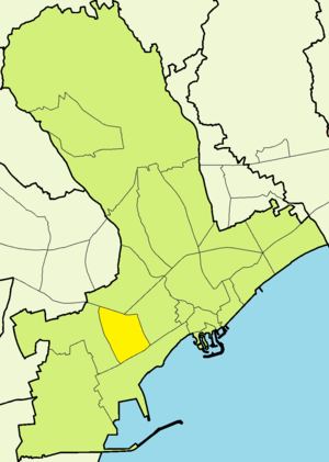 Map showing in yellow colour the location of Omonoia district inside Limassol Municipality.