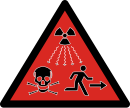 Symbol ISO 21482, przedstawiający koniczynę promieniowania, fale promieniowania, czaszkę i biegnącego człowieka.