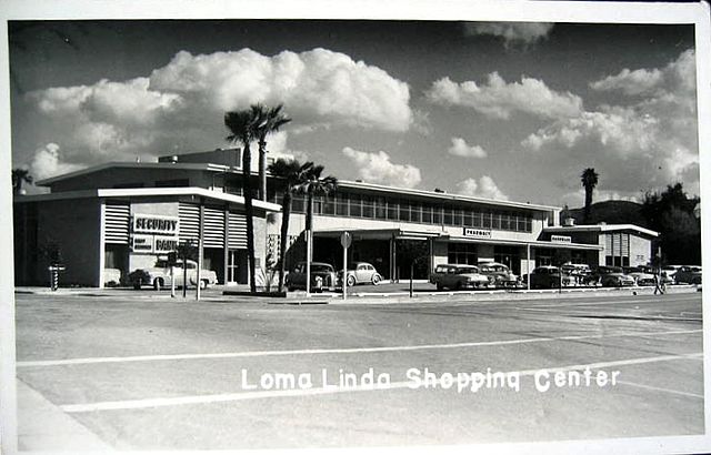 A shopping center at Loma Linda University pictured in the early 1950s.