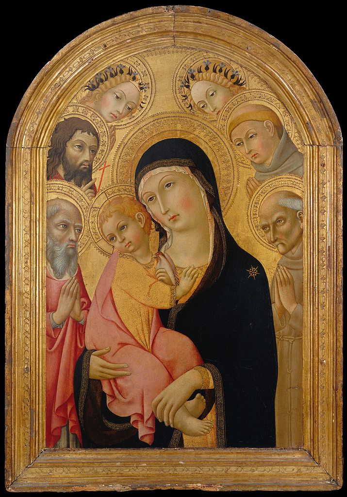 VIERGE À L'ENFANT - Page 3 715px-Madonna_and_Child_with_Saints_Jerome%2C_Bernardino%2C_John_the_Baptist%2C_and_Anthony_of_Padua_and_Two_Angels_MET_DT3031