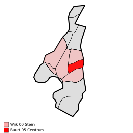 Ligging van Stein-centrum (Rood) in Stein (lichtrood). De gemeente Stein is Grijs.