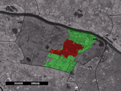The town centre (red) and the statistical district (light green) of Beuningen in the municipality of Beuningen.