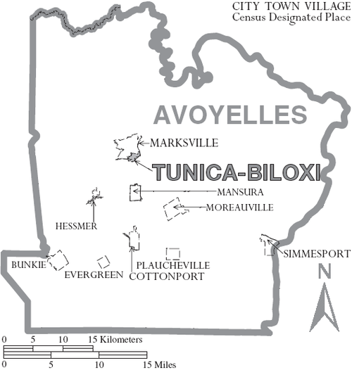 Map of Avoyelles Parish with municipal labels