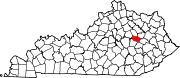 Harta statului Kentucky indicând comitatul Powell