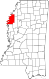 Harta statului Mississippi indicând comitatul Bolivar