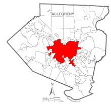 Location of Pittsburgh in Allegheny County Map of Pittsburgh, Allegheny County, Pennsylvania Highlighted.png