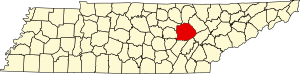 Mapa do Tennessee com destaque para o condado de Cumberland