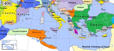 A historical map of the Mediterranean states in 1400. The Western Schism lasted from 1378 to 1417. Mediterranean1400.png
