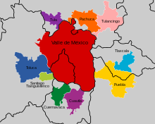 The Mexico City Megalopolis as defined prior to 2019. Since then Queretaro state is also included. Megapolis Mexico Nombres.svg