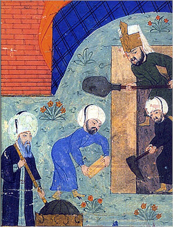 Possibly Mimar Sinan (left) at the tomb of Suleiman the Magnificent, 1566 manuscript