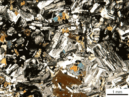 Photomicrograph of thin section of monzonite (in cross polarised light)
