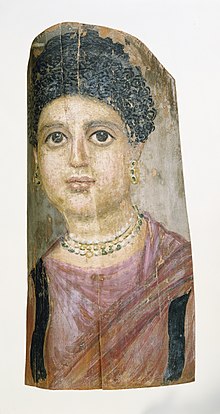 Mummy portrait attributed to the Malibu Painter Mummy Portrait of a Woman.jpg