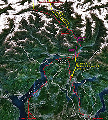 Gotthard and Ceneri Base Tunnel. The route through Luino follows the lake shores. NEAT Gotthardachse South.jpg