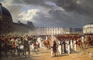 Napoleon reviewing troops at the Tuileries Palace, by Horace Vernet. The painting shows the northern gallery of the Louvre under construction. Napoleon aux Tuileries - Horace Vernet.jpg