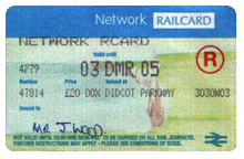 The introduction of the weekday minimum fare condition in 2002 resulted in a minor change: the red "R" shows that this is the "Revised" version of the railcard. Network Railcard 5.png