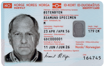 Front of a Norwegian national ID card