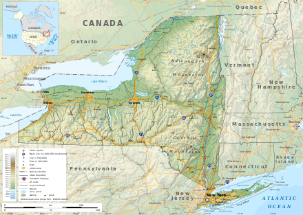 New York is bordered by six U.S. states, two Great Lakes, and the Canadian provinces of Ontario and Quebec.