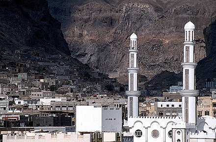 Old town of Aden, with Shamsan Mountains and crater in background.