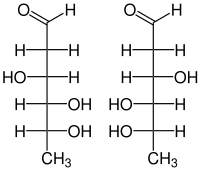 Struktur von D-Olivose (links) und L-Olivose (rechts)