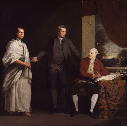 Sir Joseph Banks (center), together with Omai (left) and Daniel Solander, painted by William Parry, circa 1775–76