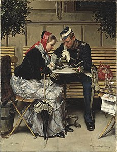 デンマークの画家ヴィルヘルム・ローゼンスタンドの油絵。カフェの屋外ベンチに座った若いカップルが1杯のドリンクを2本のストローで仲良く飲んでいる。軍服を着た帰省中の兵隊さんとその彼女という感じ。