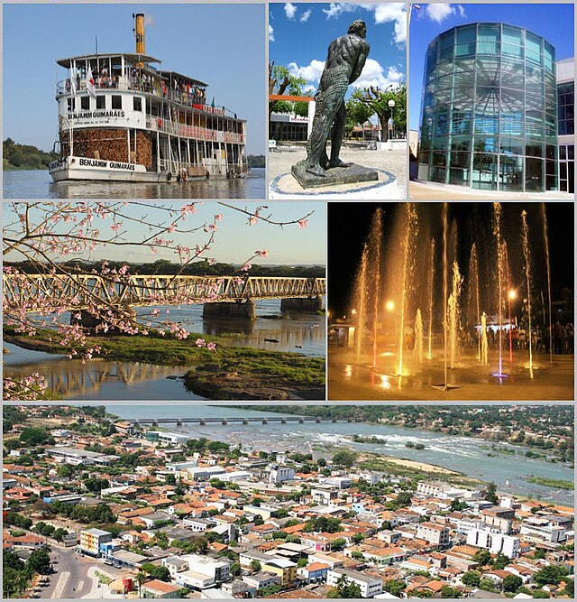 Da esquerda para a direita: Vapor Benjamim Guimaraes, Praça dos Cariris, Centro de Convenções. Ao Meio: Ponte Marechal Hermes, Fonte Luminosa. Abaixo: skyline parcial de Pirapora.