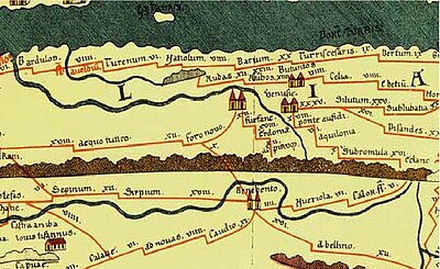 Particolare della Tavola Peutingeriana che mostra il corso dell'Aufidus. Si nota anche un ponte Aufidi tra Aquilonia e Venusia.